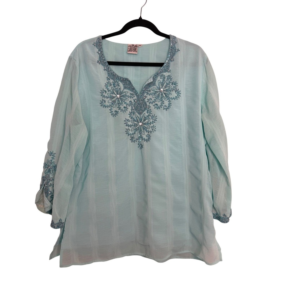 Parsley & Sage Womens XL Blue Embroidered Sequin Tunic Top‎ 3/4 Sleeve Blouse
